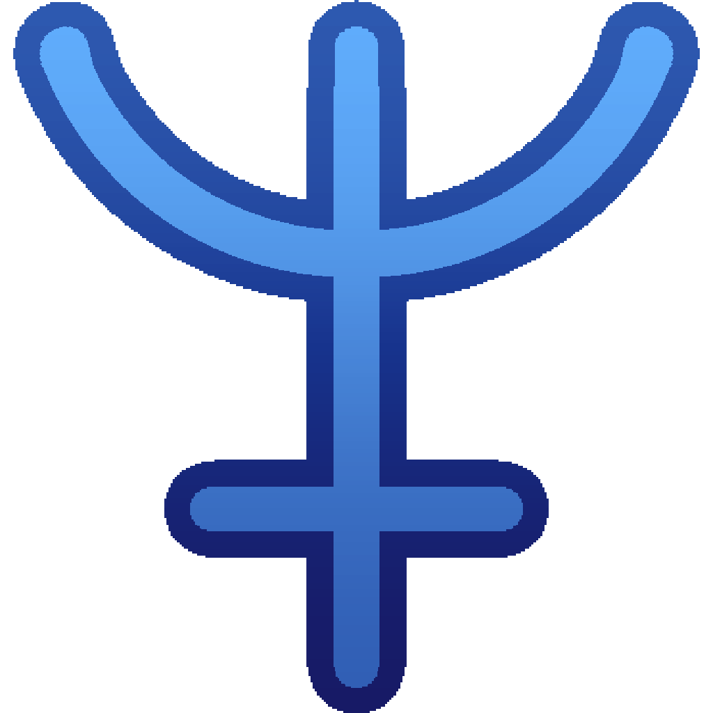 The astro symbol for neptune in blue. It looks like a trident with a crossbar going through the stem, and the tines are made up of the stem and a semicircle.